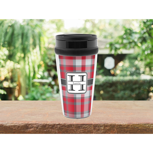 Red & Gray Plaid Travel Mug Lifestyle (Personalized)