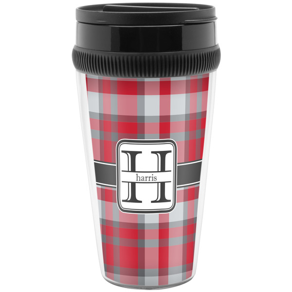 Custom Red & Gray Plaid Acrylic Travel Mug without Handle (Personalized)