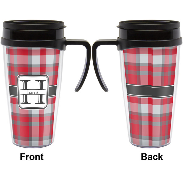 Red & Gray Plaid Travel Mug with Black Handle - Approval