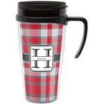 Red & Gray Plaid Acrylic Travel Mug with Handle (Personalized)