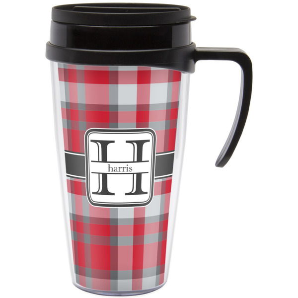 Custom Red & Gray Plaid Acrylic Travel Mug with Handle (Personalized)
