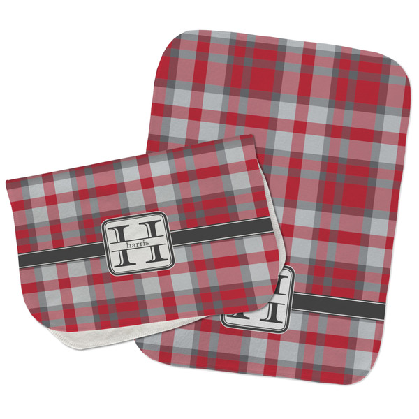 Custom Red & Gray Plaid Burp Cloths - Fleece - Set of 2 w/ Name and Initial