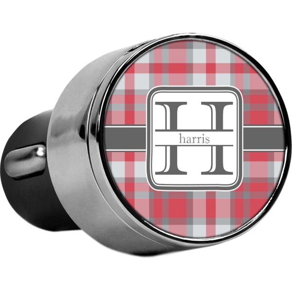 Custom Red & Gray Plaid USB Car Charger (Personalized)