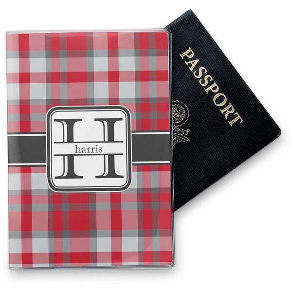 Custom Red & Gray Plaid Vinyl Passport Holder (Personalized)