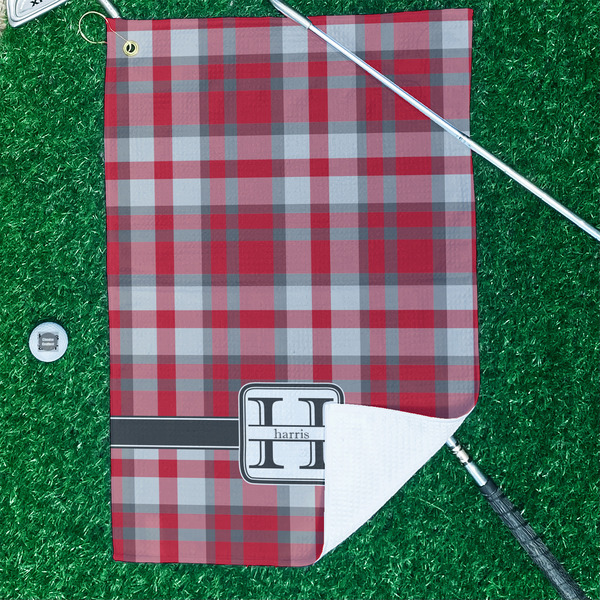 Red & Gray Plaid Waffle Weave Golf Towel - In Context