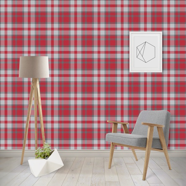 Custom Red & Gray Plaid Wallpaper & Surface Covering (Water Activated - Removable)