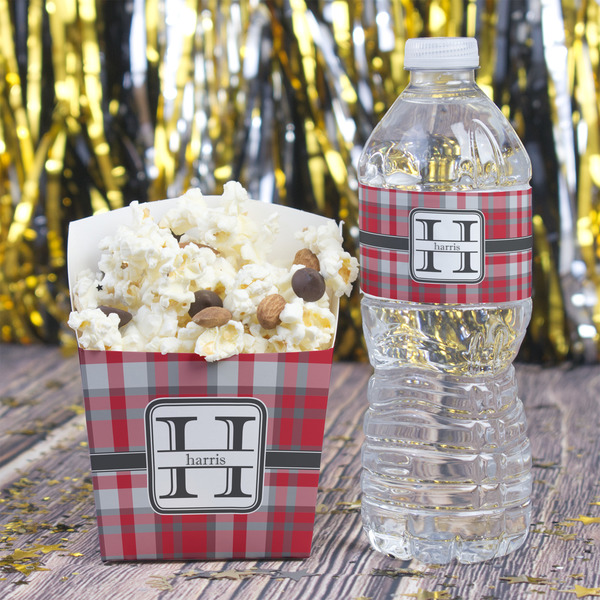 Red & Gray Plaid Water Bottle Label - w/ Favor Box