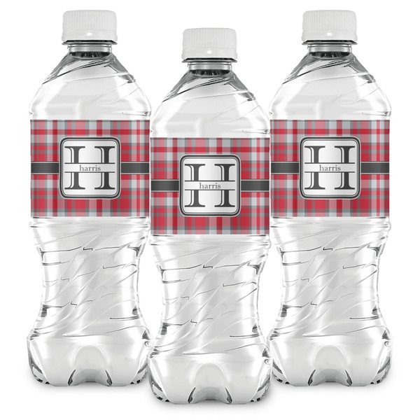 Red & Gray Plaid Water Bottle Labels - Front View