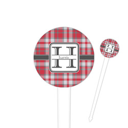 Red & Gray Plaid 4" Round Plastic Food Picks - White - Single Sided (Personalized)