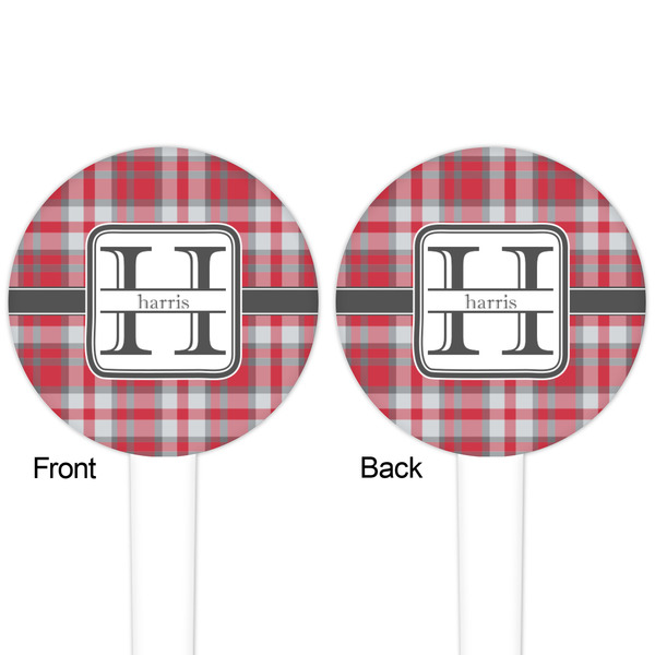 Red & Gray Plaid White Plastic 4" Food Pick - Round - Double Sided - Front & Back