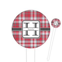 Red & Gray Plaid 6" Round Plastic Food Picks - White - Single Sided (Personalized)