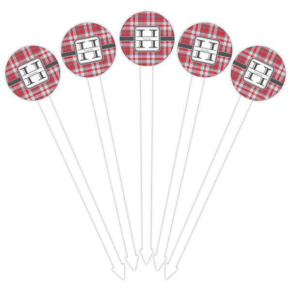 Red & Gray Plaid White Plastic 6" Food Pick - Round - Fan View