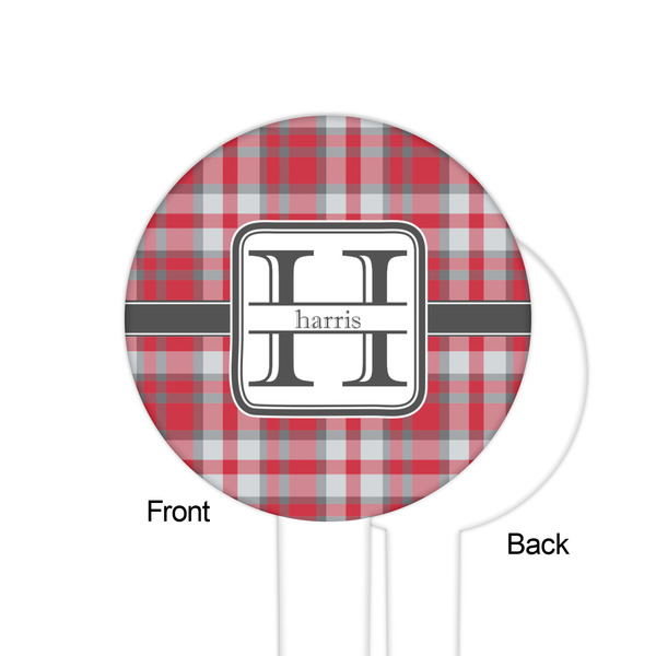Red & Gray Plaid White Plastic 6" Food Pick - Round - Single Sided - Front & Back