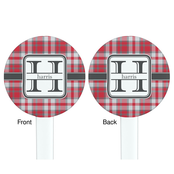 Red & Gray Plaid White Plastic 7" Stir Stick - Double Sided - Round - Front & Back