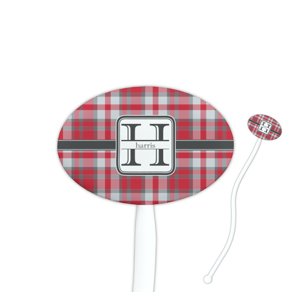 Custom Red & Gray Plaid Oval Plastic Stir Sticks (Personalized)