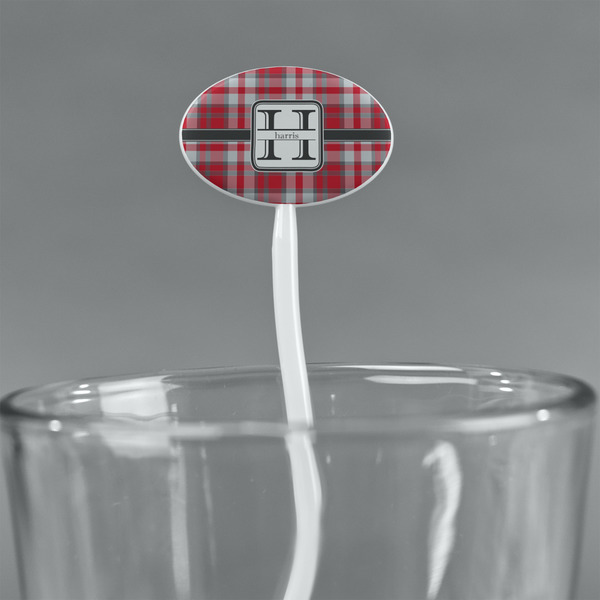 Red & Gray Plaid White Plastic 7" Stir Stick - Oval - Main
