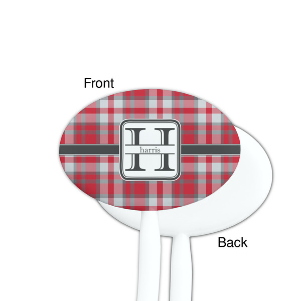 Red & Gray Plaid White Plastic 7" Stir Stick - Single Sided - Oval - Front & Back