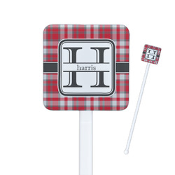 Red & Gray Plaid Square Plastic Stir Sticks - Single Sided (Personalized)