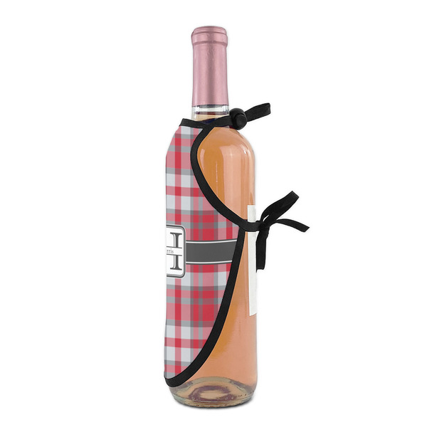 Red & Gray Plaid Wine Bottle Apron - DETAIL WITH CLIP ON NECK