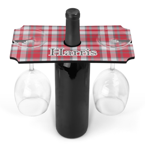 Custom Red & Gray Plaid Wine Bottle & Glass Holder (Personalized)
