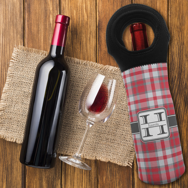 Red & Gray Plaid Wine Tote Bag - FLATLAY