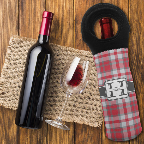 Red & Gray Plaid Wine Tote Bag - FLATLAY