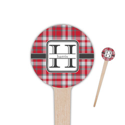 Red & Gray Plaid 4" Round Wooden Food Picks - Double Sided (Personalized)