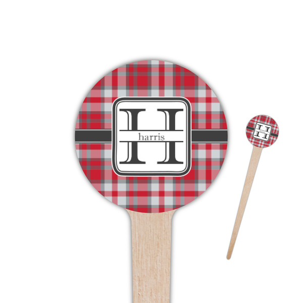 Custom Red & Gray Plaid 4" Round Wooden Food Picks - Double Sided (Personalized)
