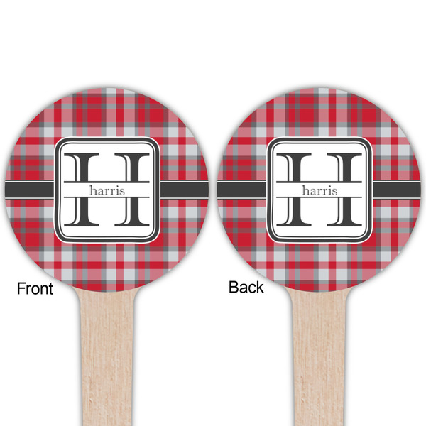 Red & Gray Plaid Wooden 4" Food Pick - Round - Double Sided - Front & Back