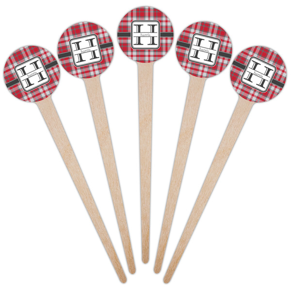 Red & Gray Plaid Wooden 4" Food Pick - Round - Fan View