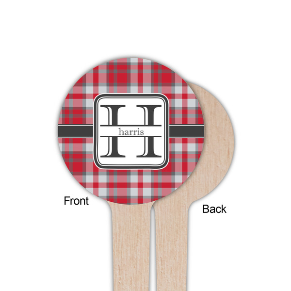 Red & Gray Plaid Wooden 4" Food Pick - Round - Single Sided - Front & Back