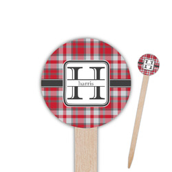 Red & Gray Plaid 6" Round Wooden Food Picks - Double Sided (Personalized)