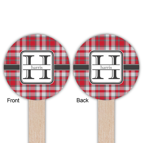Red & Gray Plaid Wooden 6" Food Pick - Round - Double Sided - Front & Back