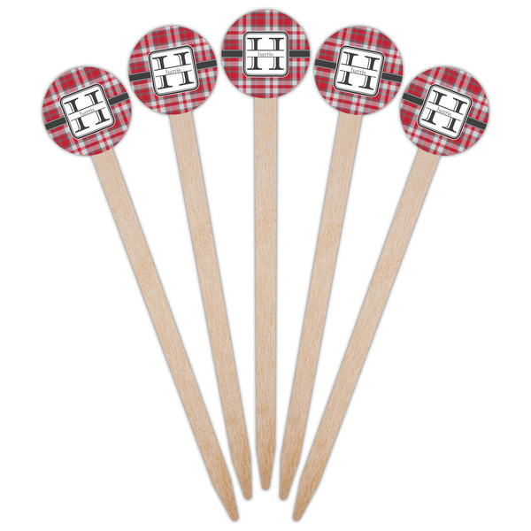 Red & Gray Plaid Wooden 6" Food Pick - Round - Fan View