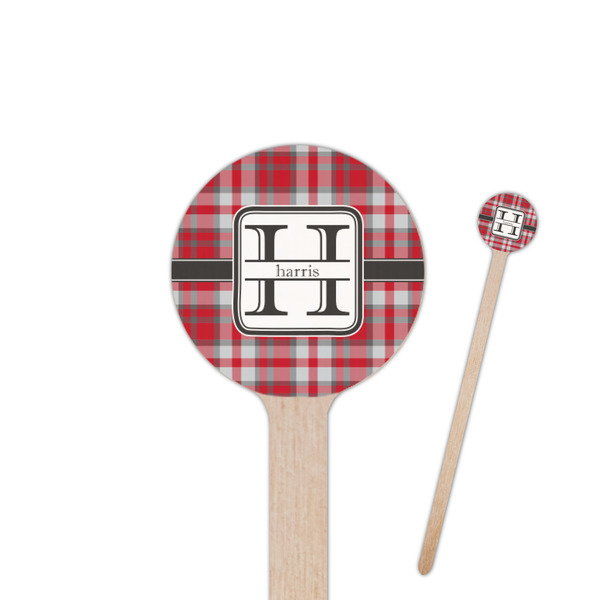 Custom Red & Gray Plaid 6" Round Wooden Stir Sticks - Single Sided (Personalized)