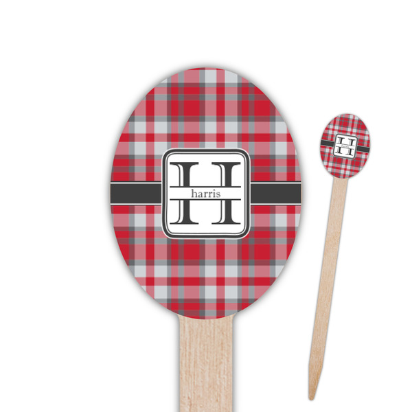 Custom Red & Gray Plaid Oval Wooden Food Picks (Personalized)