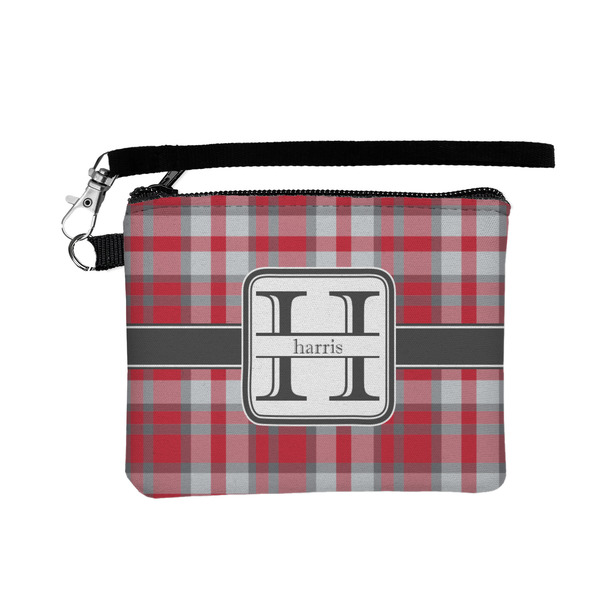 Custom Red & Gray Plaid Wristlet ID Case w/ Name and Initial