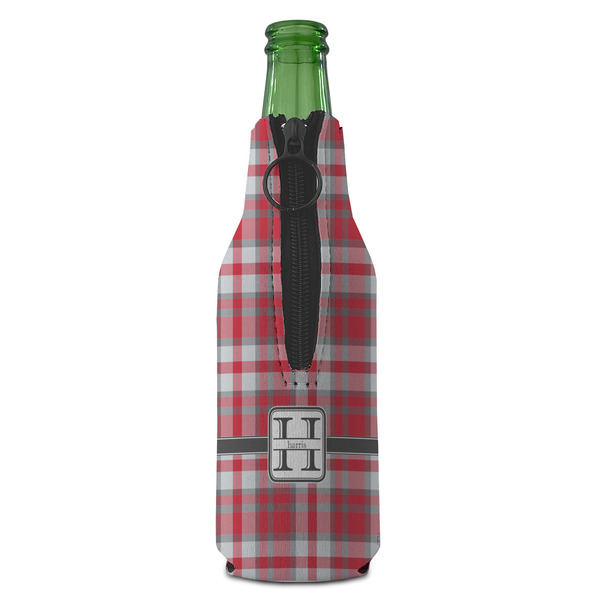 Red & Gray Plaid Zipper Bottle Cooler - BACK (bottle)