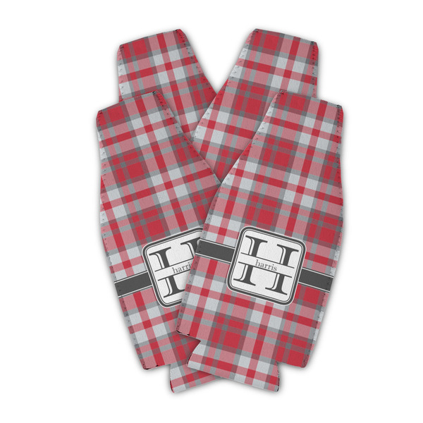Custom Red & Gray Plaid Zipper Bottle Cooler - Set of 4 (Personalized)