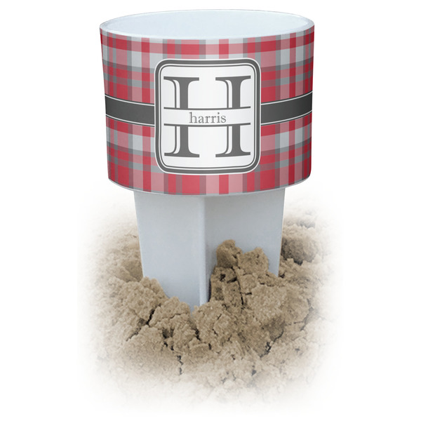 Custom Red & Gray Plaid White Beach Spiker Drink Holder (Personalized)
