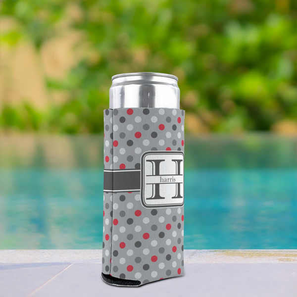 Red & Gray Polka Dots Can Cooler - Tall 12oz - In Context