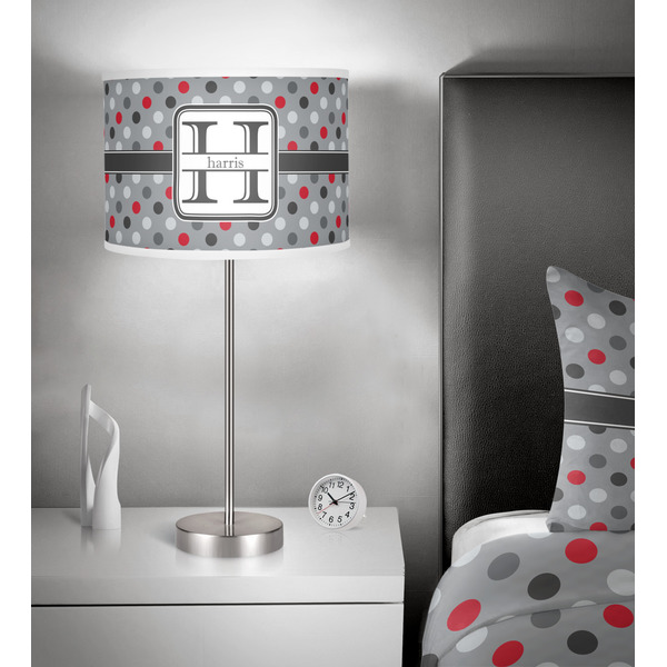 Red & Gray Polka Dots 13 inch drum lamp shade - in room