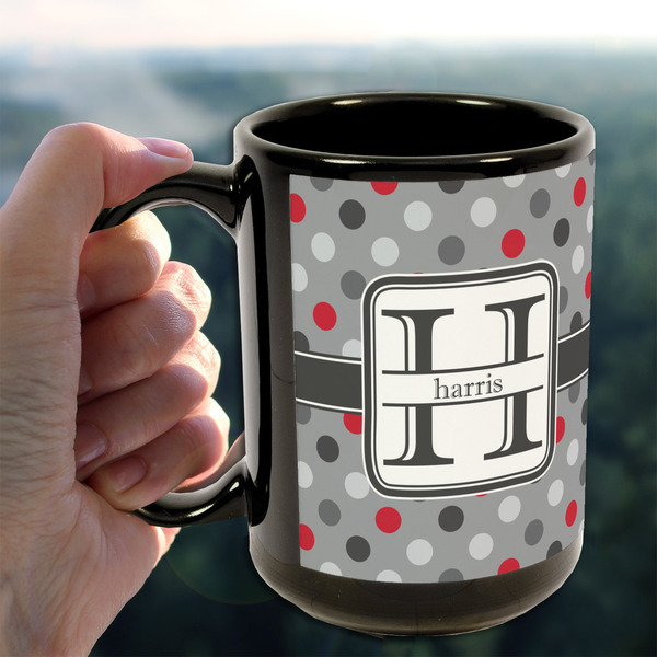 Red & Gray Polka Dots 15oz. Black Mug - LIFESTYLE