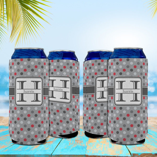 Red & Gray Polka Dots 16oz Can Sleeve - Set of 4 - LIFESTYLE