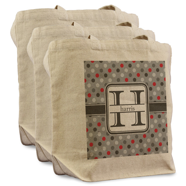 Custom Red & Gray Polka Dots Reusable Cotton Grocery Bags - Set of 3 (Personalized)