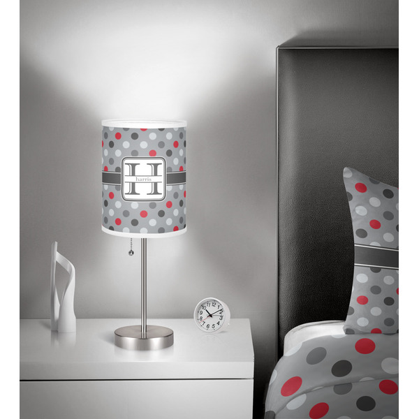 Red & Gray Polka Dots 7 inch drum lamp shade - in room