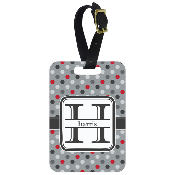Custom Red & Gray Polka Dots Metal Luggage Tag w/ Name and Initial