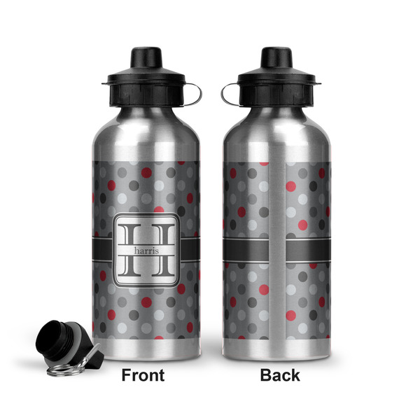 Red & Gray Polka Dots Aluminum Water Bottle - Front and Back