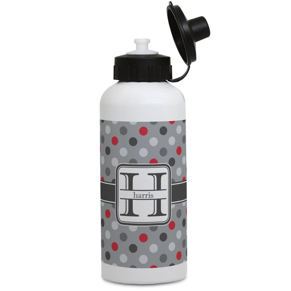 Custom Red & Gray Polka Dots Water Bottles - Aluminum - 20 oz - White (Personalized)