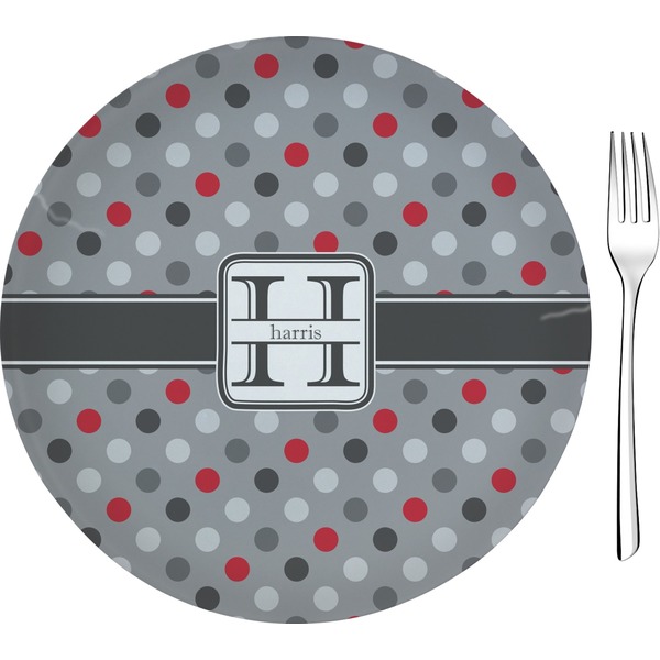 Custom Red & Gray Polka Dots 8" Glass Appetizer / Dessert Plates - Single or Set (Personalized)